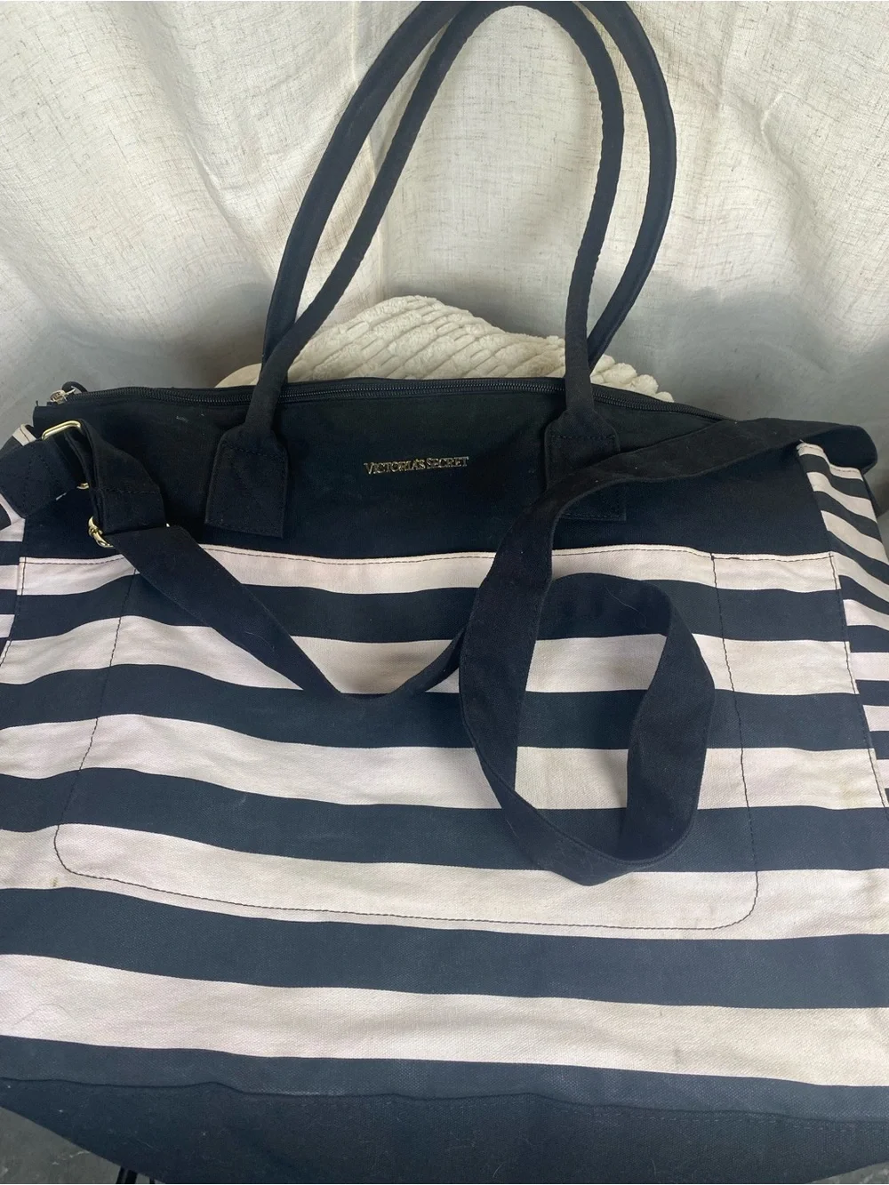Victoria’s Secret Pink Black Striped Weekender Tote Bag Large Canvas Getaway